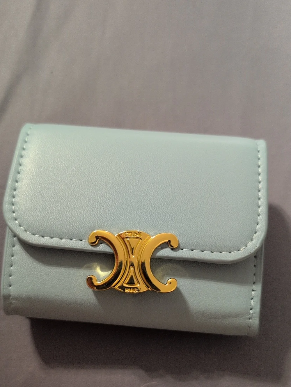 Small Leather Wallet in Pale Blue with Gold accents